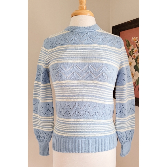 70s Pointelle Long Sleeve Cutwork 1970s Vintage Blue Striped Vintage Sweater - Picture 10 of 16